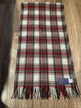 Pendleton Red, Gray & Cream Plaid Wool Scarf